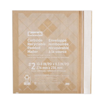 Scotch CR-2-1 #2 Bubble Cushion Self-Adhesive Closure 11.25 in. x 12 in. Curbside Recyclable Padded Mailer - Natural Kraft (100/Carton)