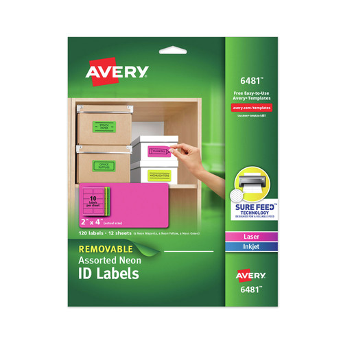 Labels | Avery 06481 2 in. x 4 in. High-Vis Removable Laser/Inkjet ID Labels with Sure Feed - Assorted Neon (120/Pack) image number 0