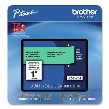 TAPES AND ADHESIVES | Brother P-Touch TZE751CS 0.94 in. x 26.2 ft. TZe Laminated Removable Label Tapes - Black on Green