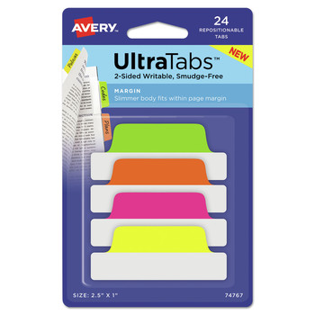 Avery 74767 Ultra Tabs 2.5 in. x 1 in. 1/5-Cut Repositionable Margin Tabs - Assorted Neon (24/Pack)