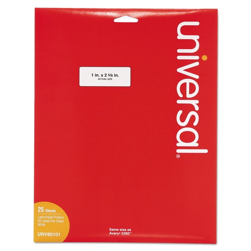 Labels | Universal UNV80101 1 in. x 2.63 in. Inkjet/Laser Printers Labels - White (750/Pack) image number 0