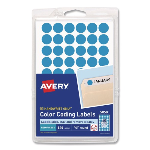Labels | Avery 05050 0.5 in. Diameter Handwrite Only Self-Adhesive Removable Round Color-Coding Labels - Light Blue (840/Pack) image number 0