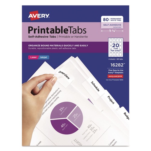Back to School Sale | Avery 16282 1.75 in. Wide 1/5-Cut Printable Plastic Tabs with Repositionable Adhesive - White (80/Pack) image number 0