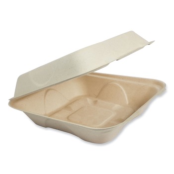  | World Centric TO-SC-U85-3-LFP 7 in. x 8.3 in. x 3.2 in. Paper Fiber Hinged Containers - Natural (300/Carton)