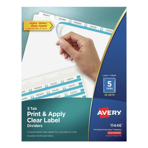 Dividers & Tabs | Avery 11446 Index Maker 11 in. x 8.5 in. 5-Tab Print and Apply Clear Label Dividers - White (25/Box) image number 0