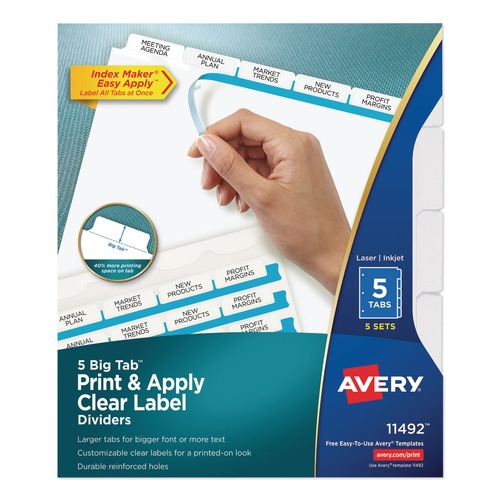 Dividers & Tabs | Avery 11492 11 in. x 8.5 in. 5-Tab Big Tab Clear Label Dividers - White Tabs/White (5/Pack) image number 0