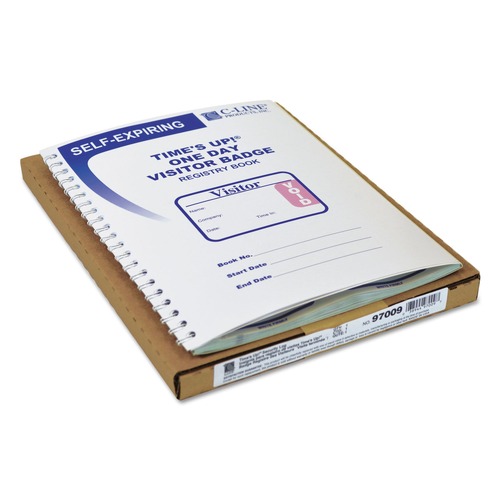 Label & Badge Holders | C-Line 97009 3 in. x 2 in. Time's Up Self-Expiring Visitor Badges with Registry Log - White (150 Badges/Box) image number 0