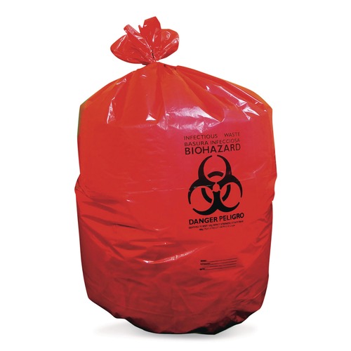 Trash Bags | Heritage A8046PR Healthcare Biohazard Printed Low-Density Can Liners Biohazard 45 gal 1.3 mil 40 x 46 Red Flat Pack (200/Carton) image number 0