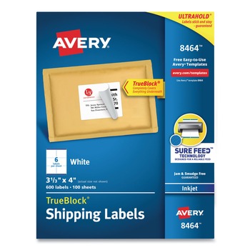 Avery 08464 3.33 in. x 4 in. Shipping Labels with TrueBlock Technology for Inkjet Printers - White (6/Sheet, 100 Sheets/Box)