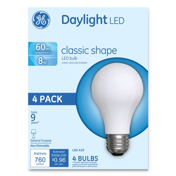 GE 99192 8 Watts A19 Classic LED Non-Dim Light Bulb - Daylight (4/Pack)