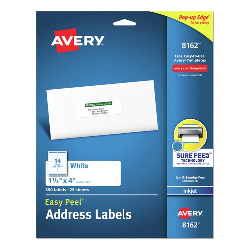 Labels | Avery 08162 1.33 in. x 4 in. Easy Peel Address Labels with Sure Feed Technology for Inkjet Printers - White (14/Sheet, 25 Sheets/Pack) image number 0