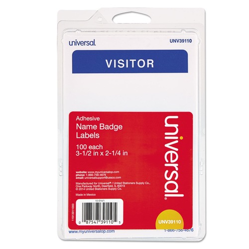 Label & Badge Holders | Universal UNV39110 3-1/2 in. x 2-1/4 in. Self-Adhesive 'Visitor' Name Badges - White/Blue (100/Pack) image number 0