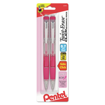 Pentel PD277TBP2P-BC 0.7 mm HB (#2) Twist-Erase CLICK Mechanical Pencil - Black Lead, Pink Barrel (2/Pack)