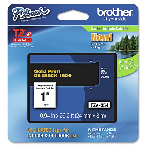Labels | Brother P-Touch TZE354 0.94 in. x 26.2 ft. TZe Standard Adhesive Laminated Labeling Tape - Gold on Black image number 0