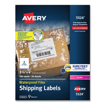 Avery 05524 Waterproof 3.33 in. x 4 in. Address Labels for Laser Printers - White (6/Sheet, 50 Sheets/Pack)