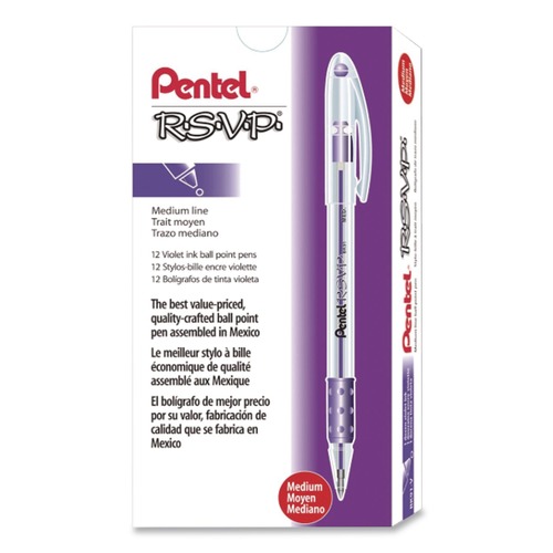 Pens | Pentel BK91-V 1 mm Medium R.S.V.P. Stick Ballpoint Pen - Violet Ink, Clear/Violet Barrel (1-Dozen) image number 0