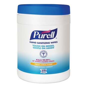 HAND WIPES | PURELL 9113-06 6.75 in. x 6 in. Sanitizing Hand Wipes - Fresh Citrus, White (270 Wipes/Canister)