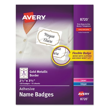 Avery 08720 3-3/8 in. x 2-1/3 in. Flexible Adhesive Name Badge Labels - White/Gold Border (120/Pack)