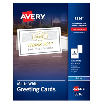 Avery 08316 85 lbs. 5.5 in. x 8.5 in. Half-Fold Greeting Cards with Matching Envelopes for Inkjet Printers - Matte White (1 Card/Sheet, 30 Sheets/Box)
