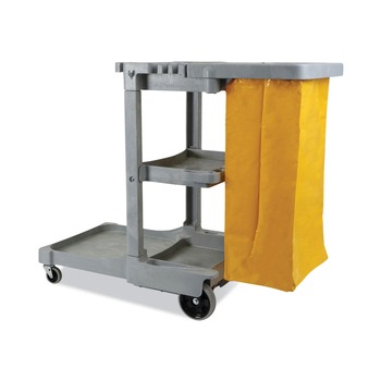 CLEANING CARTS | Boardwalk 3485204 22 in. x 44 in. x 38 in. 4 Shelves 1 Bin Plastic Janitor's Cart - Gray