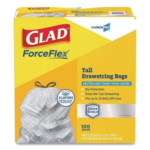 Trash Bags | Glad 70427 ForceFlex 13 Gallon 0.72 mil 23.75 in. x 24.88 in. Tall Kitchen Drawstring Trash Bags - Gray (100/Carton) image number 0