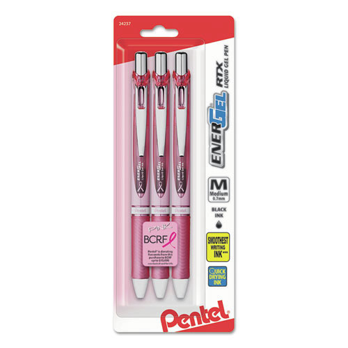 Pens | Pentel BL77PBP3A-BC 0.7 mm EnerGel RTX Breast Cancer Awareness Gel Pen - Medium/Black Ink/Pink/Silver Barrel (3/Pack) image number 0