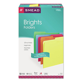 Smead 16943 1/3-Cut Tabs Assorted Legal Size 0.75 in. Expansion Colored File Folders - Assorted Colors (100/Box)