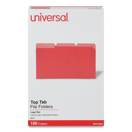 File Folders | Universal UNV10523 1/3-Cut Tabs, Deluxe Colored Top Tab File Folders - Legal Size, Red/Light Red (100/Box) image number 0