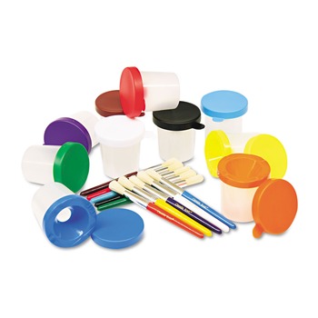 Creativity Street PAC5104 No-Spill Cups and Coordinating Brushes - Assorted Color Lids/Clear Cups (10/Set)