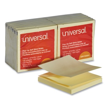 Universal UNV35664 3 in. x 3 in. Fan-Folded Self-Stick Pop-Up Note Pads - Yellow (12/Pack)