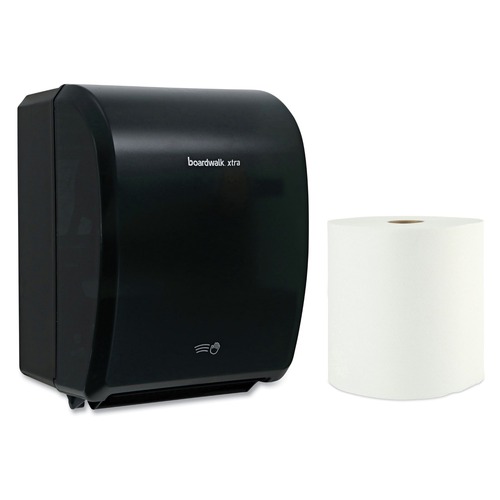 Paper Towel Holders | Boardwalk 33GREEN35XTRA-BNDL 12.31 in. x 9.31 in. x 15.94 in. Black Xtra Electronic Hand Towel Dispenser with 1-Ply 8 in. x 800 ft. White Xtra Roll Towels Bundle (6 Rolls/Carton) image number 0