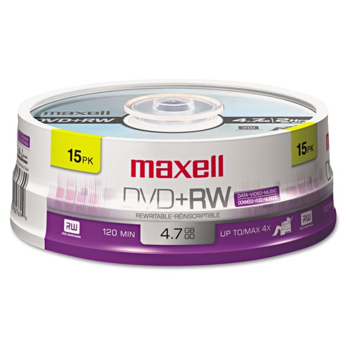 Office Electronics & Batteries | Maxell 634046 4.7 GB 4x Spindle DVD plus RW Rewritable Disc - Silver (15/Pack) image number 0