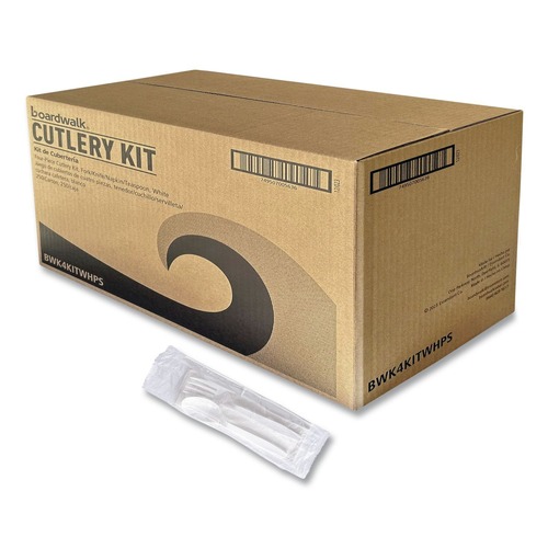 Cutlery | Boardwalk BWK4KITWHPS 4-Piece Mediumweight Polystyrene Cutlery Kit - White (250/Carton) image number 0