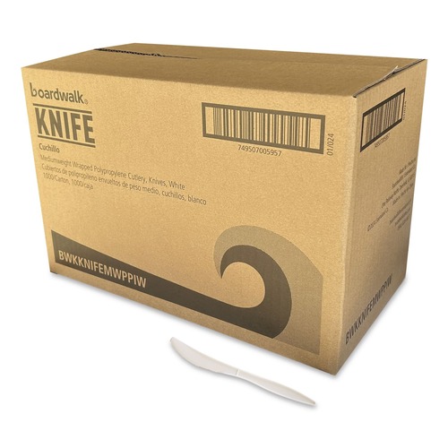 Cutlery | Boardwalk BWKKNIFEMWPPIW 5.86 in. Mediumweight Wrapped Polypropylene Plastic Knife Cutlery - White (1000/Carton) image number 0