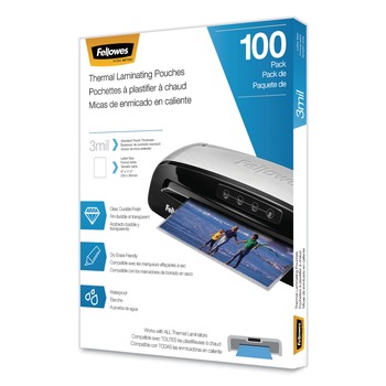 OFFICE PRESENTATION SUPPLIES | Fellowes Mfg Co. 5743301 9 in. x 11.5 in. 3 millimeter Laminating Pouches - Gloss Clear (100/Pack)