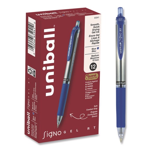 Pens | uni-ball 65941 Signo 0.7 mm Retractable Gel Pen - Blue Ink/Silver/Blue Barrel/Medium (1-Dozen) image number 0