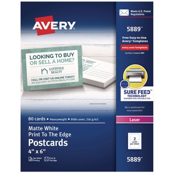 Avery 05889 4 in. x 6 in. 80 lbs. Laser Printable Postcards - Matte White (80/Box)
