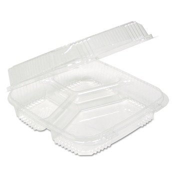 Pactiv Corp. YCI811230000 Clearview 3-Compartment 5 oz. / 14 oz. Hinged Lid Food Containers - Clear (200/Carton)