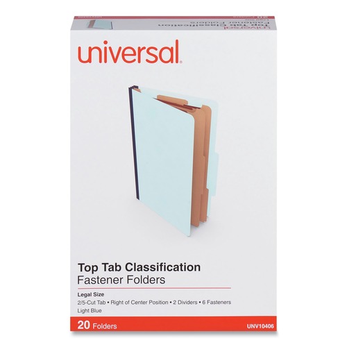 File Folders | Universal UNV10406 2 Dividers 6 Fasteners Heavy-Duty Pressboard Cover Legal Size Six-Section Classification Folders - Light Blue (20/Box) image number 0