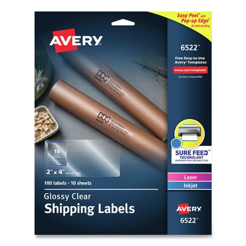 Labels | Avery 06522 Easy Peel 2 in. x 4 in. Mailing Labels with Sure Feed Technology - Glossy Clear (10/Sheet, 10 Sheets/Packt) image number 0