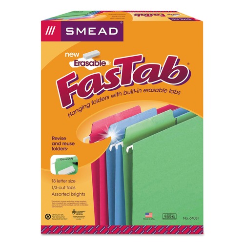 File Folders | Smead 64031 1/3-Cut Tabs Letter Size Erasable Folders - Assorted Colors (18/Box) image number 0