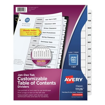 Avery 11126 Ready Index 11 in. x 8.5 in. 12-Tab Jan. to Dec. Customizable TOC Dividers - Black and White (1-Set)