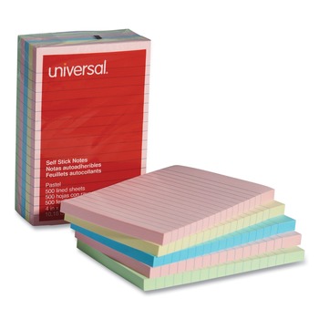 Universal UNV35616 100 Sheet Lined 4 in. x 6 in. Self-Stick Note Pads - Assorted Pastel Colors (5/Pack)