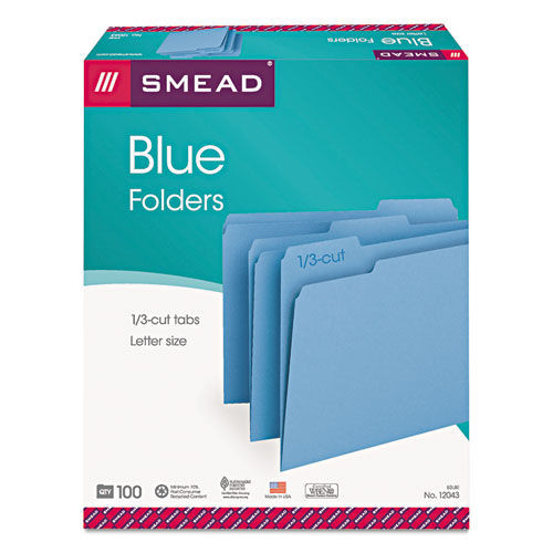 File Folders | Smead 12043 0.75 in. Expansion 1/3-Cut Tabs Colored File Folders - Letter Size/Blue (100/Box) image number 0