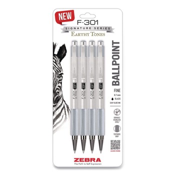 PENS | Zebra 27214 F-301 Signature Series Earthy Tones Fine 0.7 mm. Retractable Ballpoint Pen - Black Ink/Pewter Barrel (4/Pack)