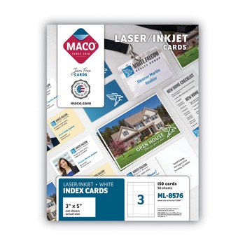 MACO MML-8576 3 in. x 5 in. Unruled Microperforated Laser/Inkjet Index Cards - White (150/Box)