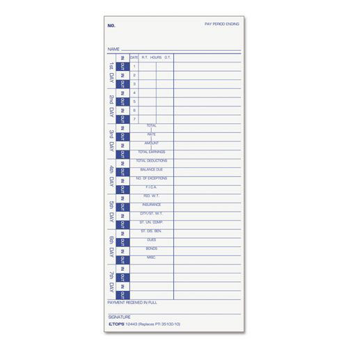 Recordkeeping & Forms | TOPS 12443 4 x 9 One Side Time Clock Cards Replacement for 35100-10 (100/Pack) image number 0