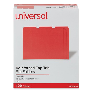 Universal UNV16163 Reinforced 1/3-Cut Assorted Top-Tab File Folders - Letter Size, Red (100/Box)