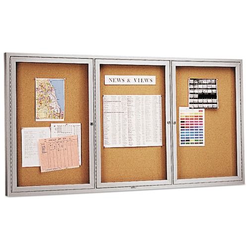 Labor Day Sale | Quartet 2366 72 in. x 36 in. Enclosed Indoor Cork Bulletin Board with 3 Hinged Doors - Tan Surface, Silver Aluminum Frame image number 0