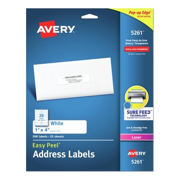 Avery 05261 1 in. x 4 in. Easy Peel Address Labels with Sure Feed Technology for Laser Printers - White (20/Sheet, 25 Sheets/Pack)